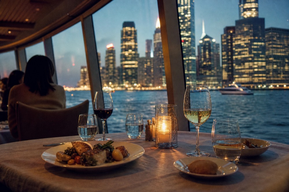 A plated three-course dinner setting beside a glass wall on a cruise vessel, candle and wine glasses lit, city towers glowing outside