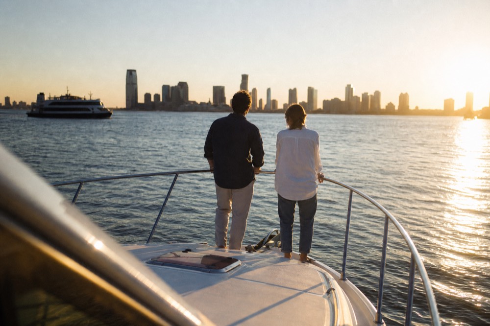 A small white yacht on open water at golden hour, two figures at the bow rail seen from behind against soft low sun