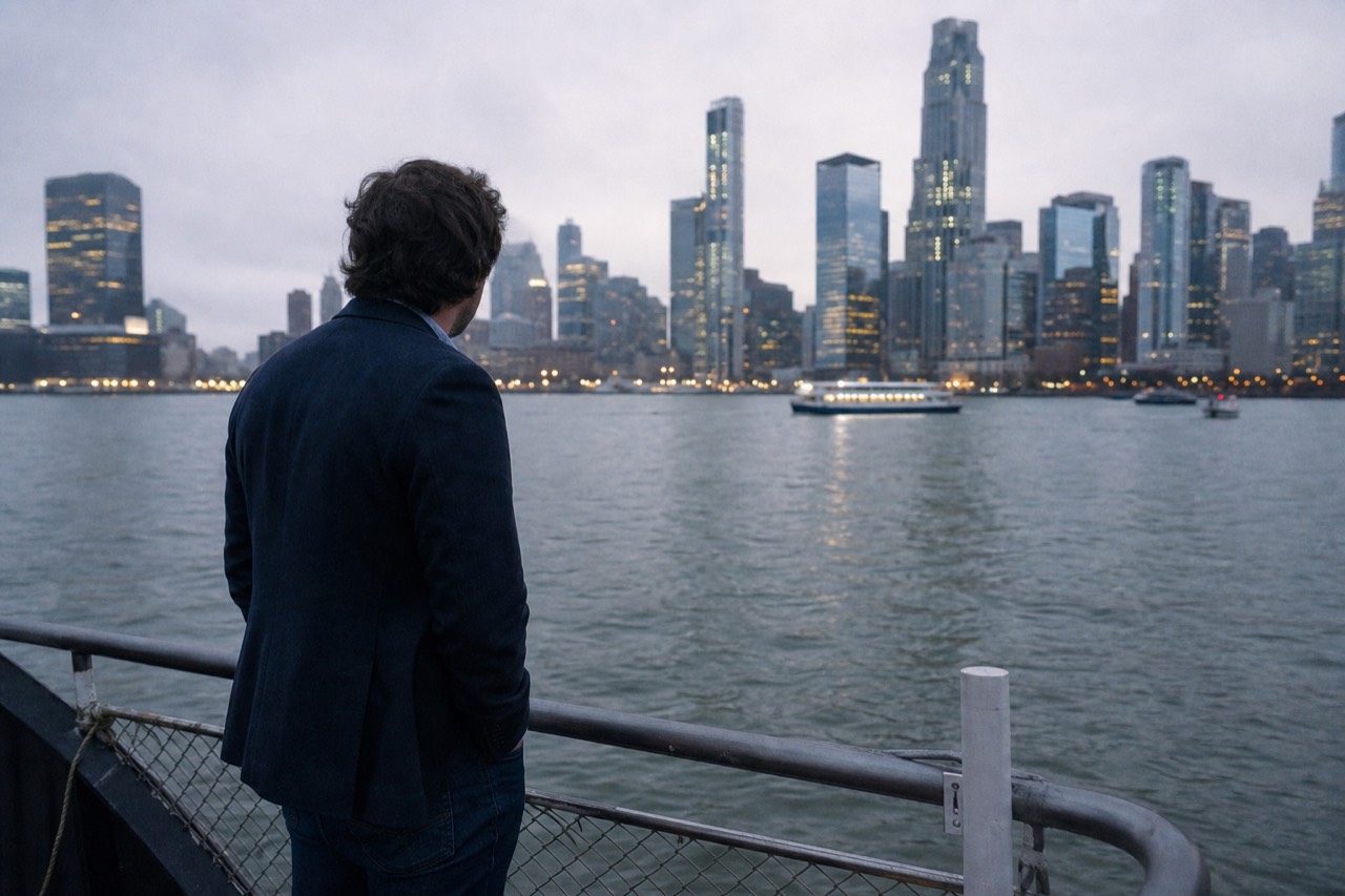 Dark denim and a tailored jacket on a man standing at a boat rail at dusk, city towers lit behind him across the water.