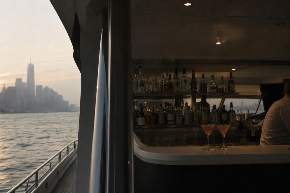 A small onboard bar with bottles on a mirrored back shelf, two cocktails on the counter, boat window dark beyond