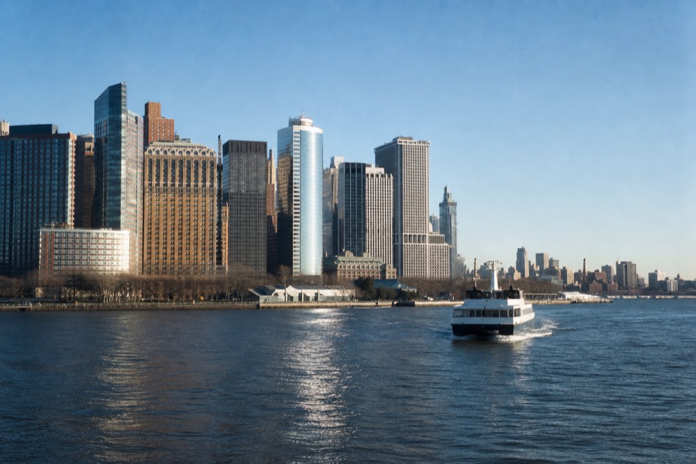 The same stretch of city waterfront photographed from the water in clear afternoon light, buildings sharply defined