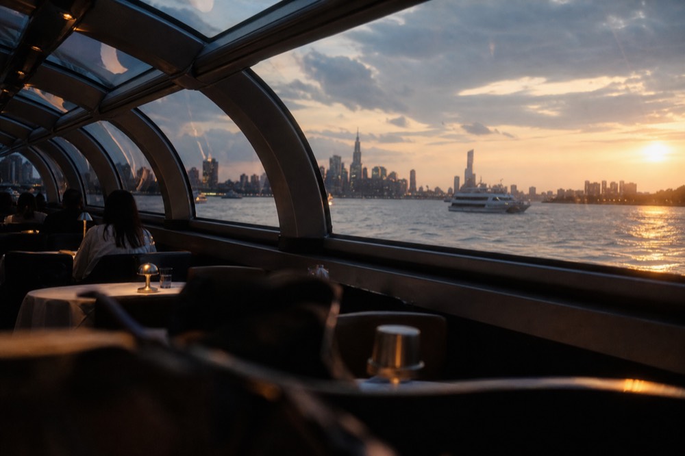 Interior of a glass-roofed dinner boat at dusk, tables with white cloths and low lamps, curved windows showing water and distant city lights