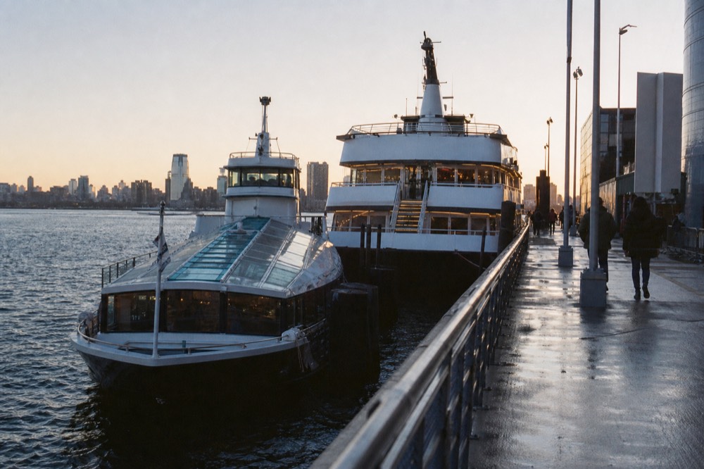 Two harbor dinner vessels berthed side by side at a Manhattan pier in early evening, one low and glass-roofed, one tall with open decks