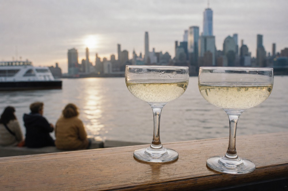 Two coupe glasses of sparkling wine on a varnished wooden rail with the harbor and low sun blurred behind them