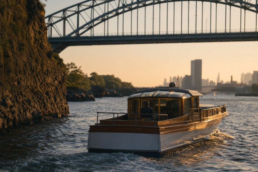 A small vintage motor yacht with a glass observatory cruising a narrow river channel between rocky banks and an arched steel bridge