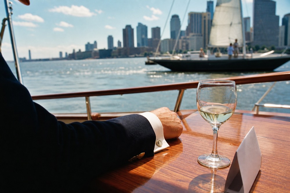 Detail of a man's navy blazer sleeve and cufflink resting on a boat table beside a wine glass and a folded menu card