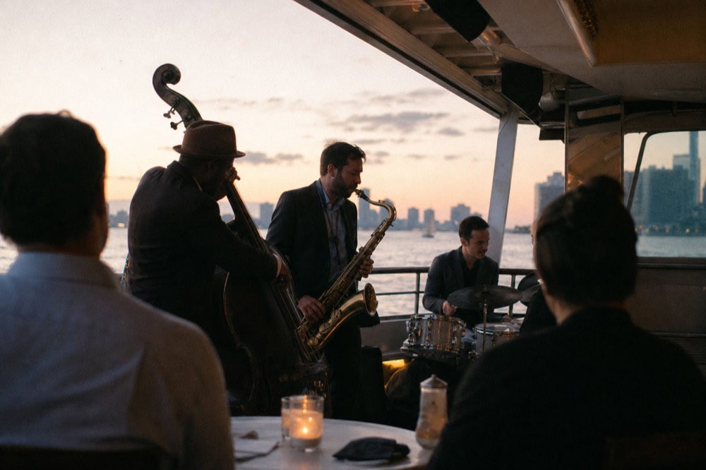 Small jazz trio playing on a boat deck at golden hour with guests seated casually on benches nearby